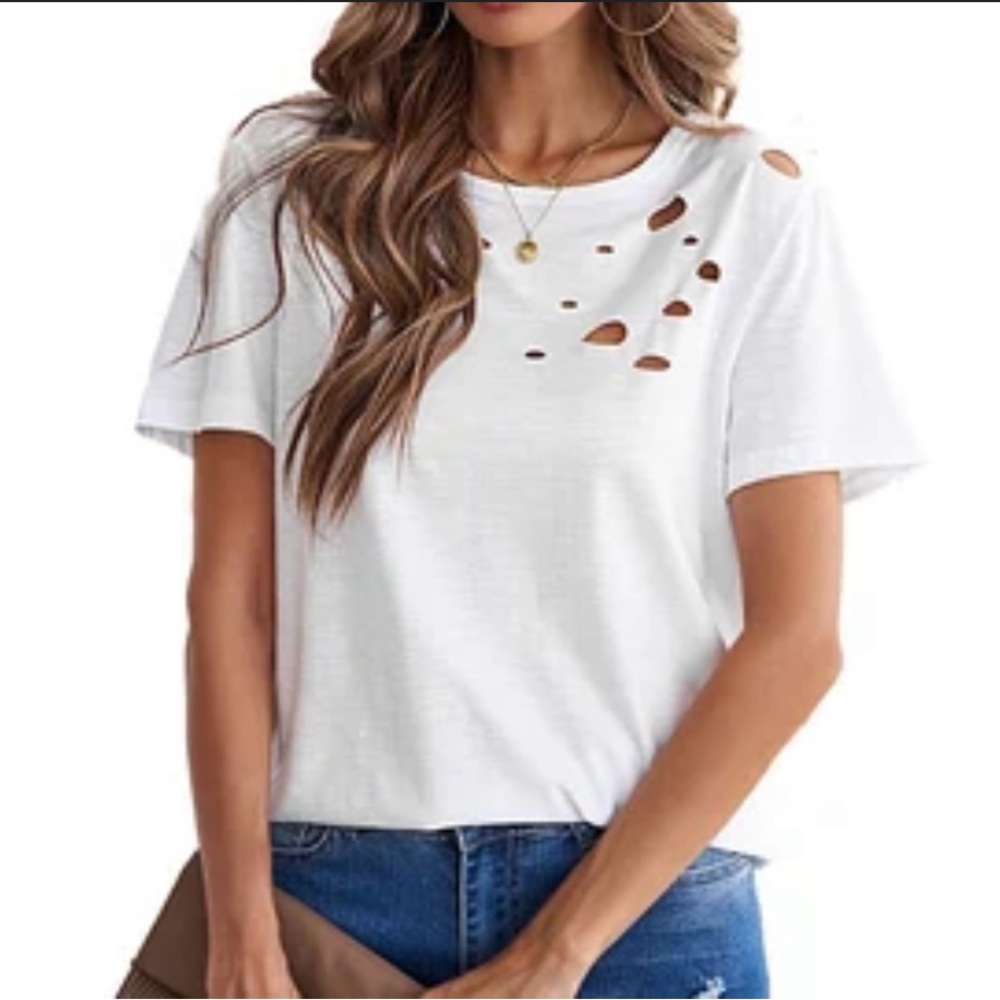 White Distressed Cut Out Oversized Lightweight Grunge Women Top. Size Small
